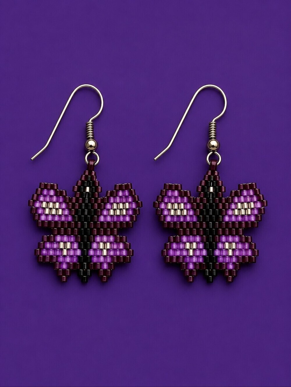 HANDMADE Purple Bead Woven Butterfly Dangle Hook Earrings